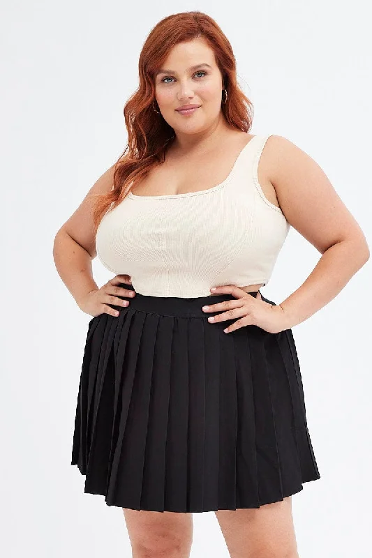 Black Tennis Skirt Pleated Elastic Waist button skirt front