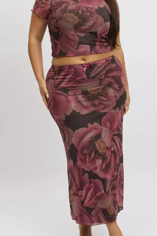 Multi Floral Mesh Skirt With Bow Trim velvet skirt glossy