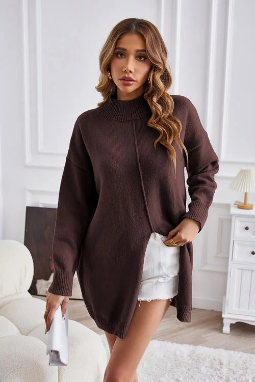Exposed Seam Mock Neck Slit Sweater Tailored Straight A-Line