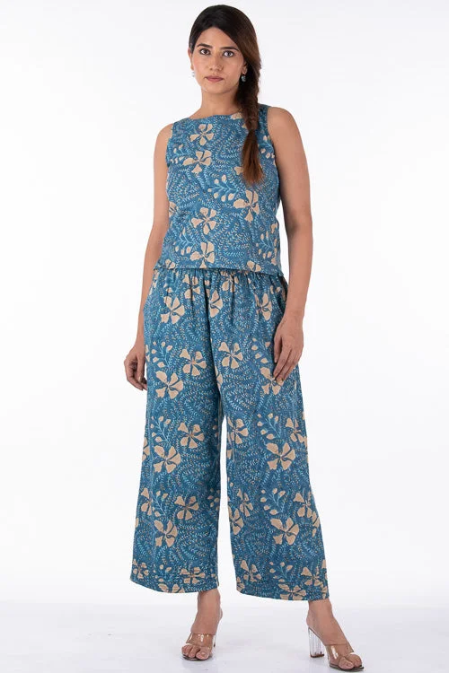 Dharan "Raag Farshi Pants " Blue Block Printed Pants Comfortable Pleated Pants