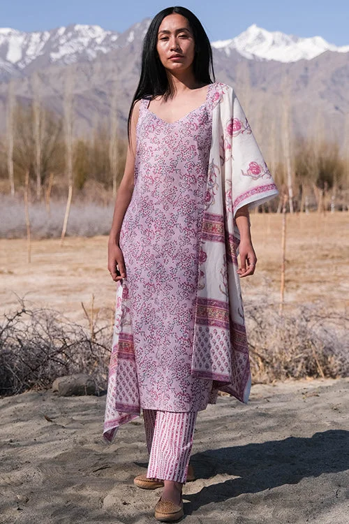 Okhai 'Frosted Rose' Hand Block Printed Kurta Pant Dupatta Set Wide-Legged Palazzos