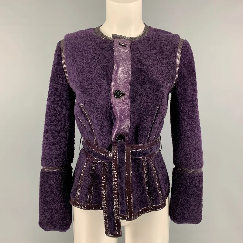 YVES SAINT LAURENT Size S Purple Leather Reversible Shearling Jacket Striped Jacket Polka Dot Jacket Floral Jacket YVES SAINT LAURENT Size S Purple Leather Reversible Shearling Jacket Striped Jacket Polka Dot Jacket Floral Jacket