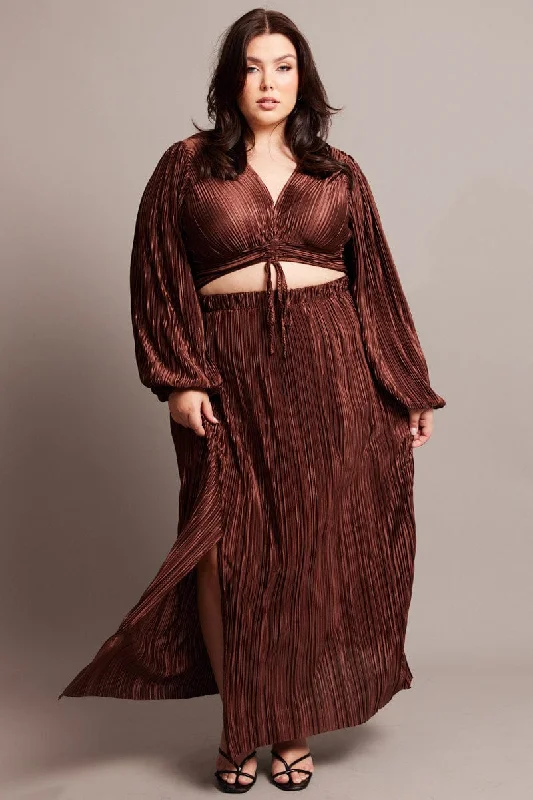 Brown Midi Skirt Side Split Plisse spandex blend skirt
