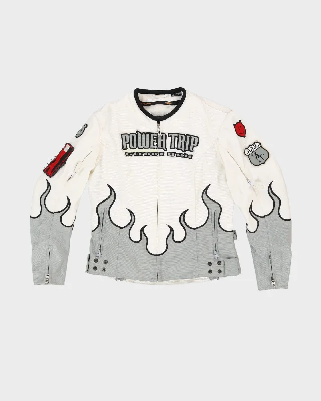 Power Trip White Flame Design Biker Jacket - S Ribbed Jacket Pleated Jacket Ruffled Jacket
