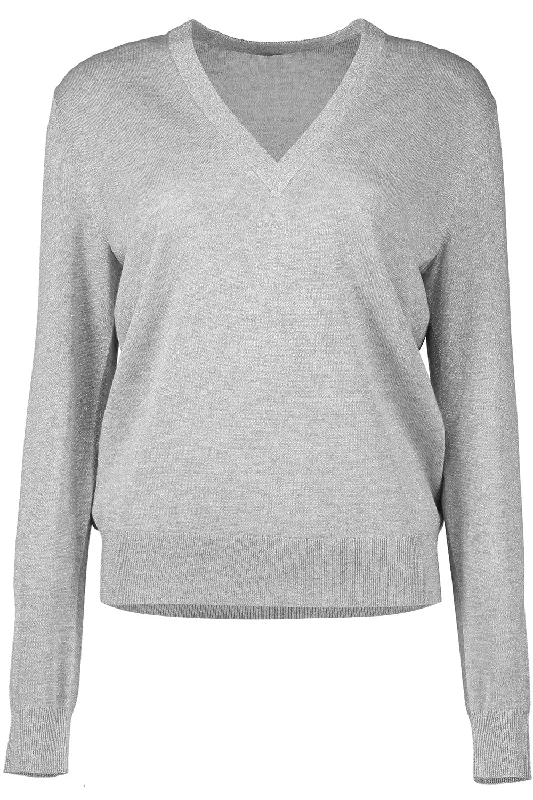 V Neck Sweater - Pearl Silver Ribbed Striped Patterned