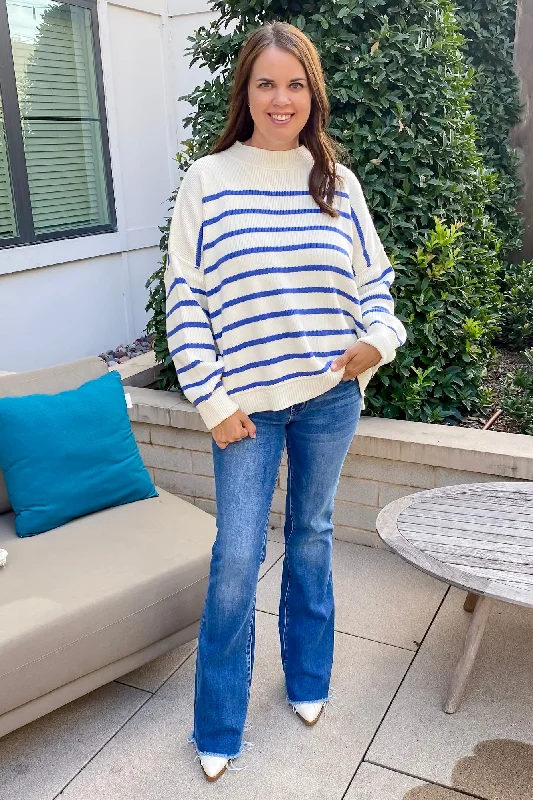 Tell Me More Blue and Off White Striped Sweater Terry Terry Cloth Terry Knit