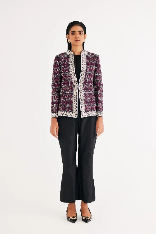Black and Pink Mughal Jaal Jacket, Top and Flared Pant Set Lightweight Linen Pants