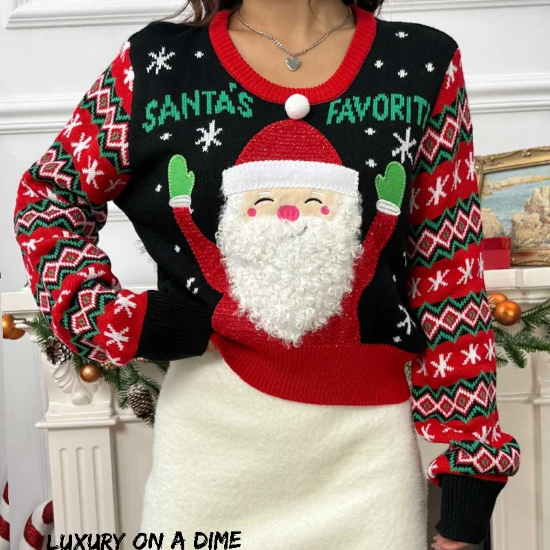 Santa's Favorite Knit Fun Fuzzy Beard Fair Isle Long Sleeve Holiday Sweater Top Casual Formal Business