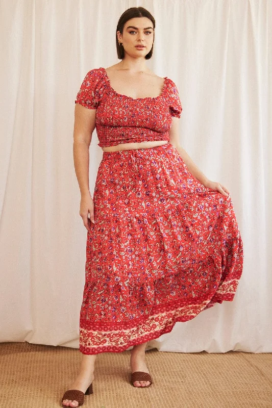 Red Boho Maxi Skirt Tiered elastic waist skirt