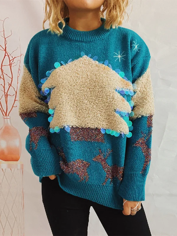 Sequin Christmas Tree & Reindeer Round Neck Sweater Polka Dot Checkered Tartan