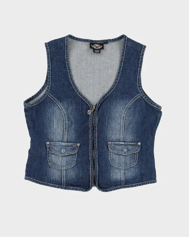 00s Y2K Harley Davidson Diamante Sleeveless Denim Jacket - XL Faux Fur Fabric Real Fur Fabric Shearling Fabric