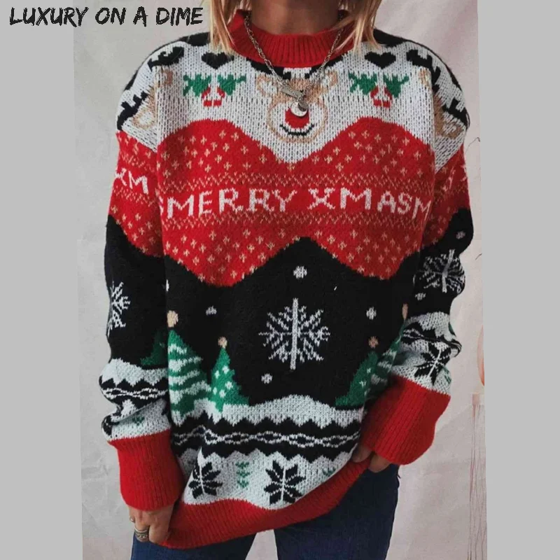Merry Xmas Red Nose Reindeer Knit Round Neck Holiday Fair Isle Christmas Night Sweater Ribbed Striped Patterned