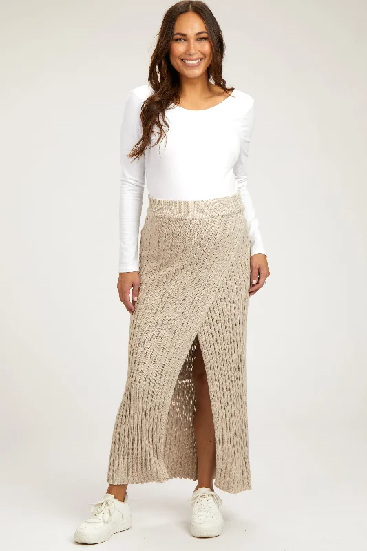 Beige Ribbed Knit Wrap Maternity Maxi Skirt cashmere skirt rich