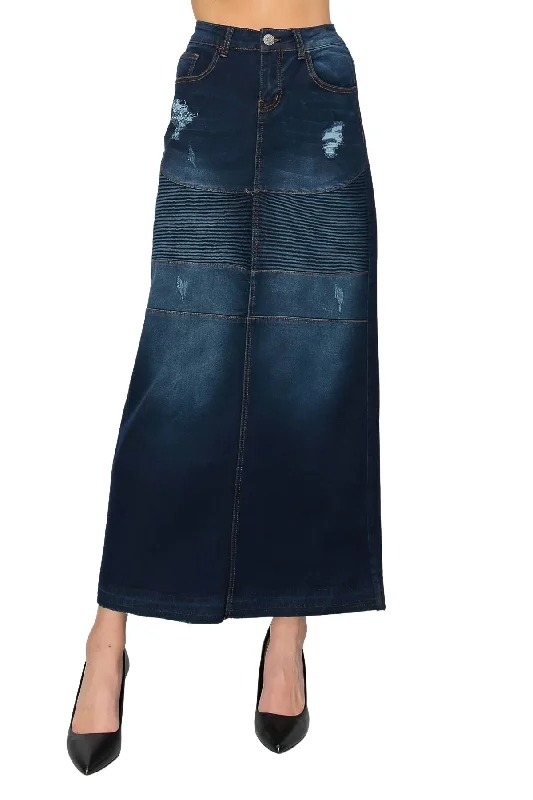 Stretch Denim Long Moto Skirt (89009-SKT) silk skirt lustrous