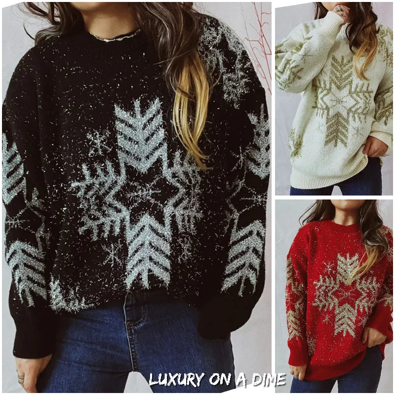 Fuzzy Contrasting Snowflake Knit Round Neck Classy Minimalist Winter Sweater Print Jacquard Patchwork