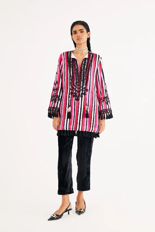 Rani Pink Stripe Mashroo Satin Embroidered Tunic and Black Narrow Pants Set Comfy Zip-Up Pants