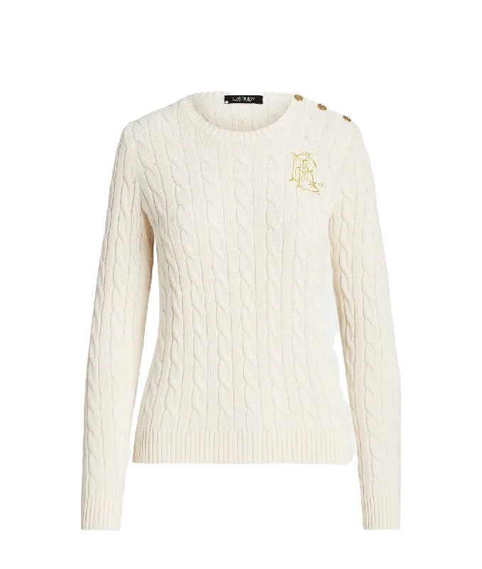 Button-trim Cable-knit Cotton Sweater - Cream Seamless Knitted Crochet