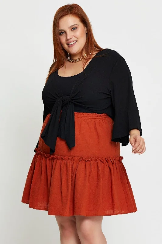 Brown Mini Skater Skirt Clay Elastic Waist wool skirt breathable