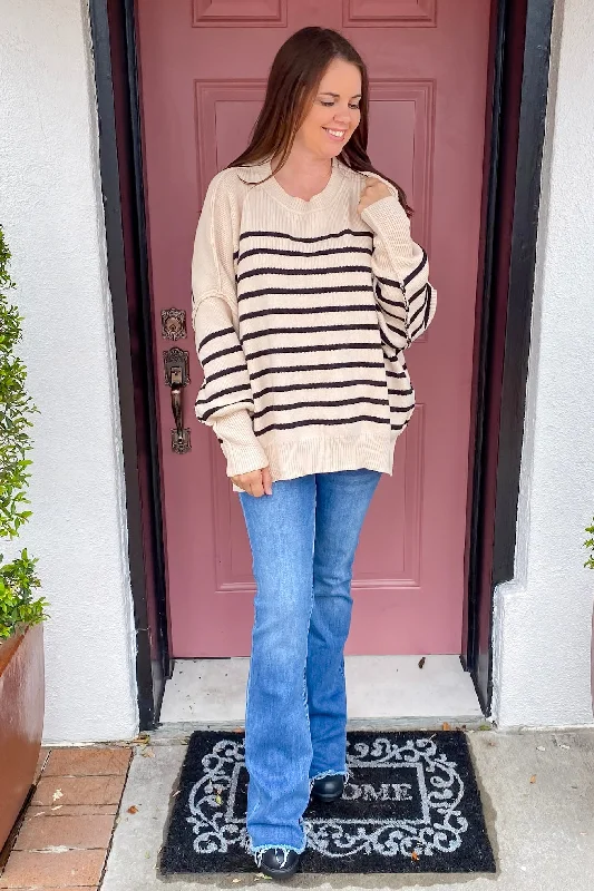 Oversized Ecru Striped Sweater Ribbed Striped Patterned