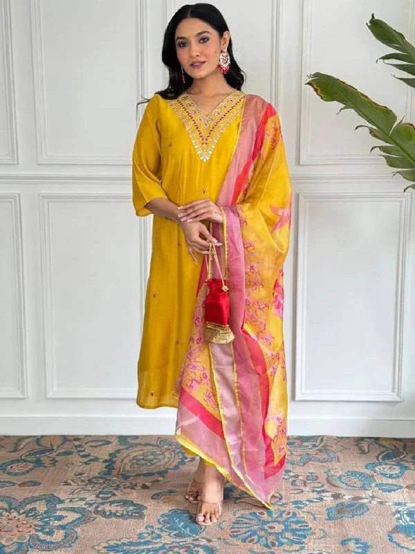 Yellow Attractive Looking Readymade Pant Suit With Embroidery Printed Work Fashionable Button-Up Pants Yellow Attractive Looking Readymade Pant Suit With Embroidery Printed Work Fashionable Button-Up Pants