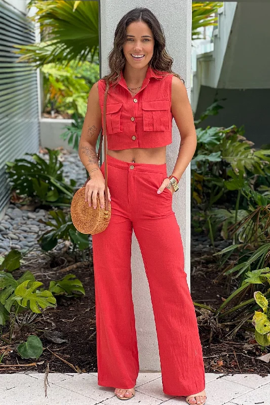 Coral Button Down Top And Pants Set Classic Cropped Pants
