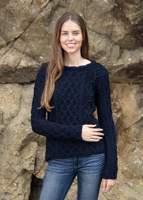 IrelandsEye Lambay Aran Sweater | Navy Notch Collar Peter Pan Collar Cowl Neck