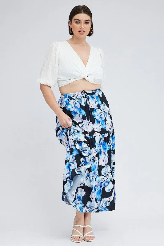 Black Floral Elastic Waist Maxi Skirt lace skirt intricate