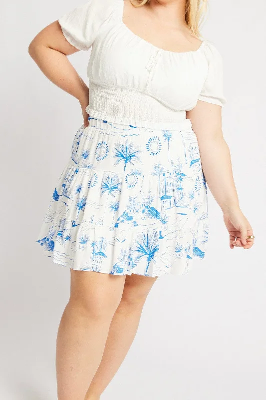 Blue Abstract Tiered Mini Skirt linen skirt natural