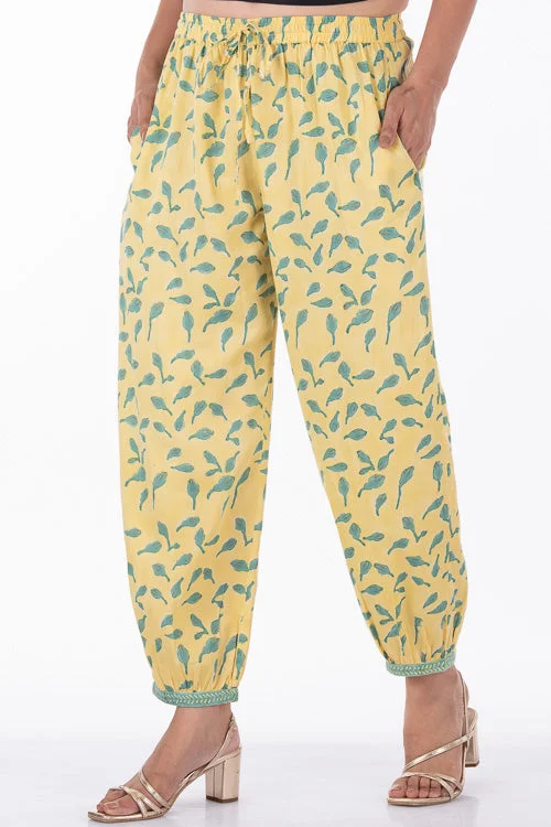 Dharan "Bloosom Dogri Pants" Yellow Block Printed Pants Elegant Dress Pants