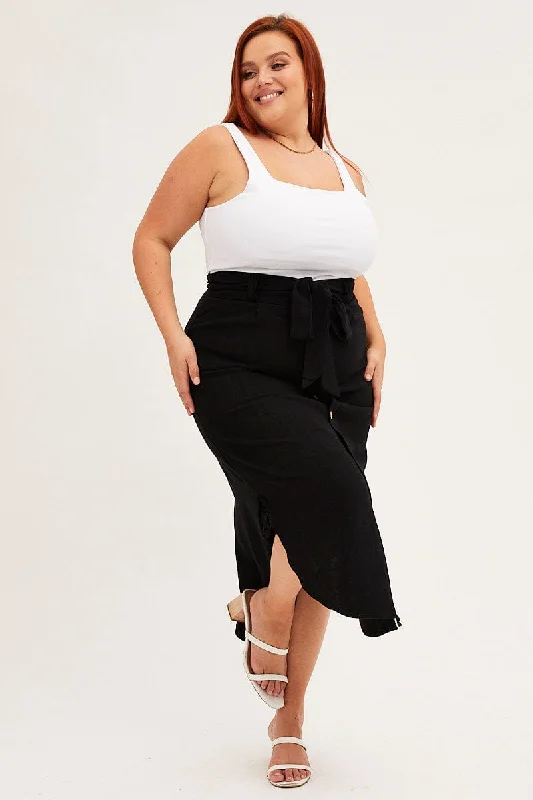 Black Midi Skirt Button Front Linen Blend velvet skirt plush