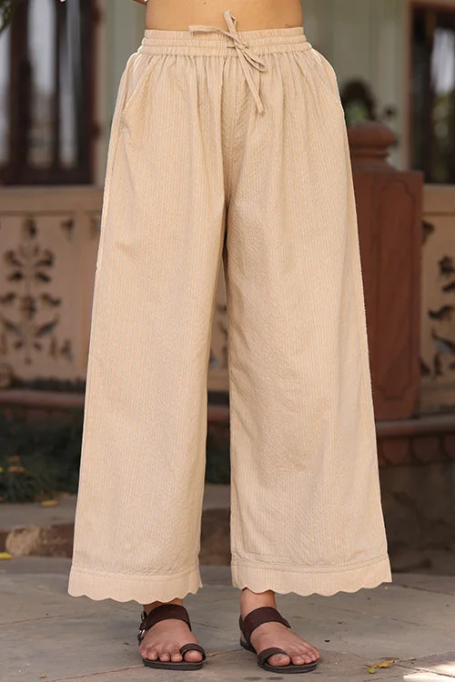 Dharan Scallop Cotton Beige Pants Comfy High-Waist Jeans