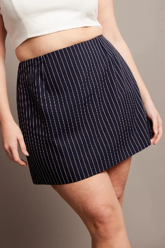 Blue Stripe Pinstripe Mini Skirt zip skirt side