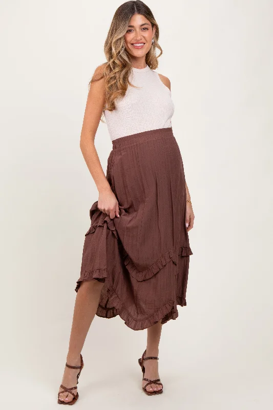 Mocha Ruffle Tiered Maternity Midi Skirt lace skirt elegant