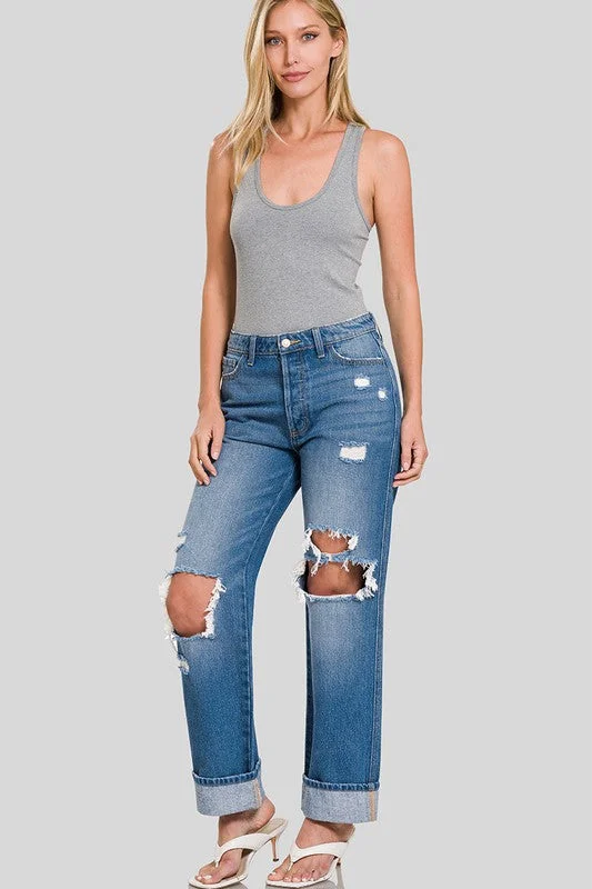 Rigid Distressed Cuffed Hem Boyfriend Denim Pants Cozy Lounge Pants