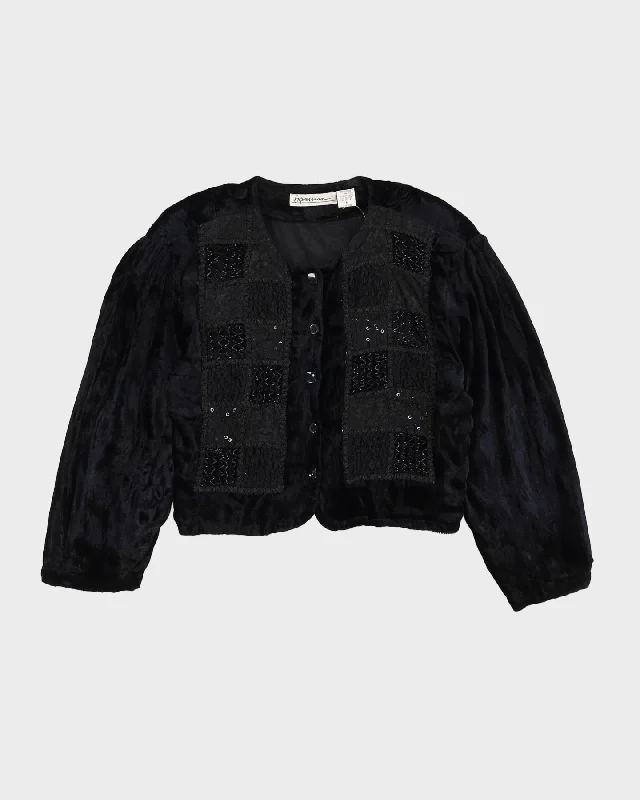 Black Beaded Cropped Velvet Jacket - M Mesh Jacket Canvas Jacket Denim Jacket