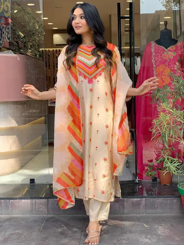 Orange Attractive Designer Readymade Pant Suit With Printed Embroidery Work Slim-Fit Khaki Pants