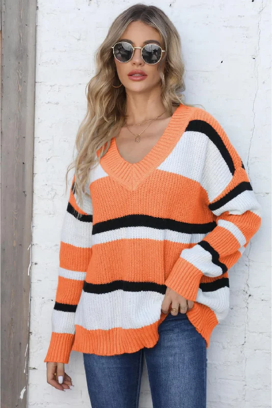 Color Block V-Neck Dropped Shoulder Sweater Striped Floral Plaid
