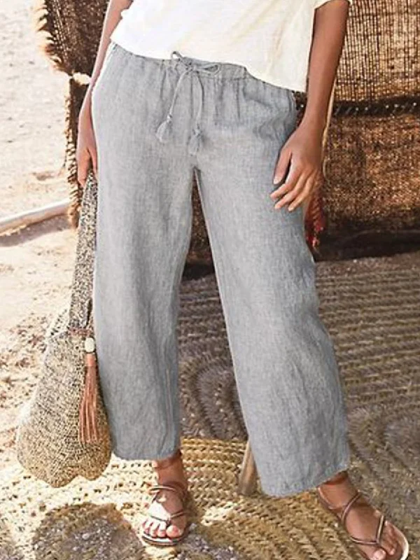 Casual Cotton-Blend Solid Pants Comfortable Pleated Pants