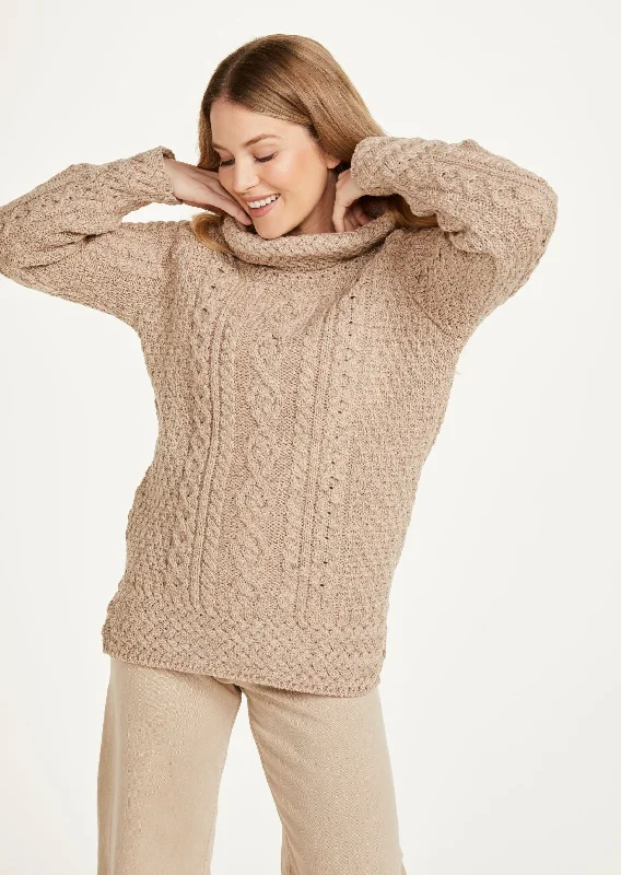 Belcare Ladies Aran Roll Neck Sweater | Oatmeal Anti-Pilling Anti-Shrink Durable