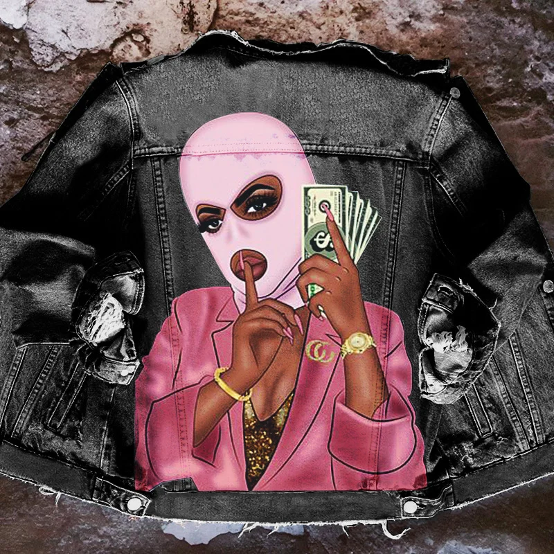 Women Casual Long Sleeves Graphic Printed Single-Breasted Denim Jacket Boat Neck Shawl Collar Notched Collar