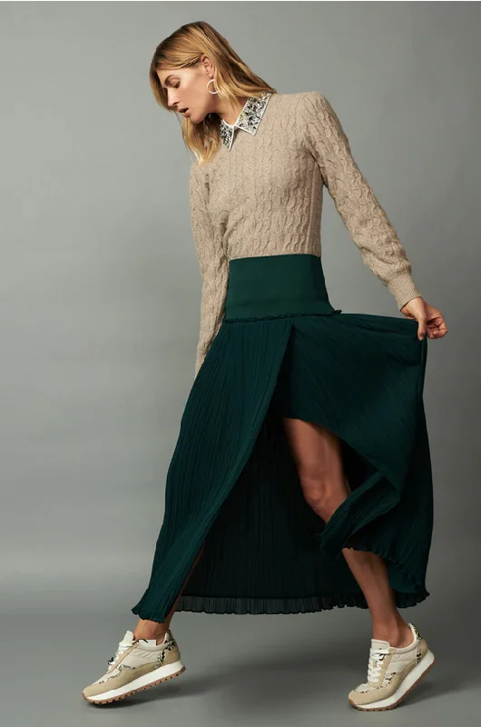 Current  Air - Pleated Midi Skirt - Dark Green asymmetrical skirt cut