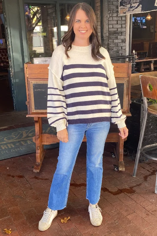 Love Me Better Ivory Navy Striped Sweater Knit Fabric Woven Fabric Fleece Fabric