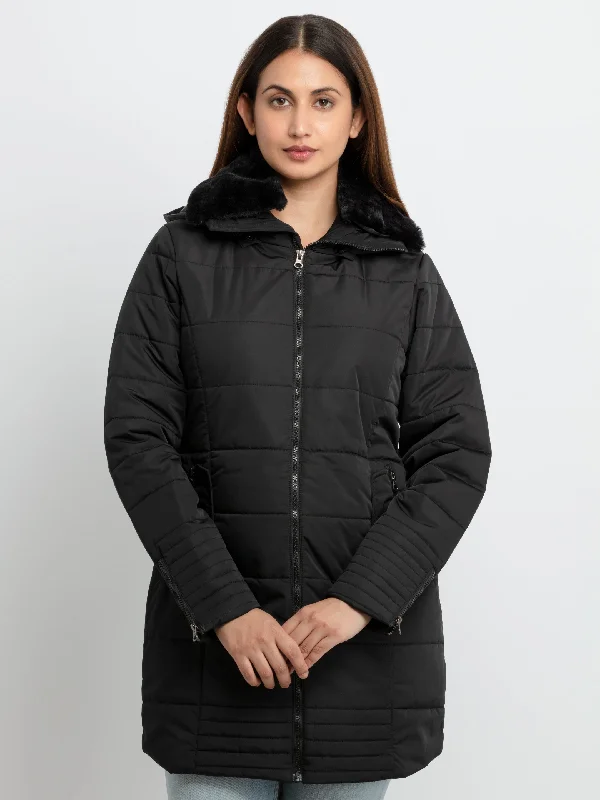 Womens Quilted  Hooded Jacket Welt Pockets Slit Pockets Flap Pockets