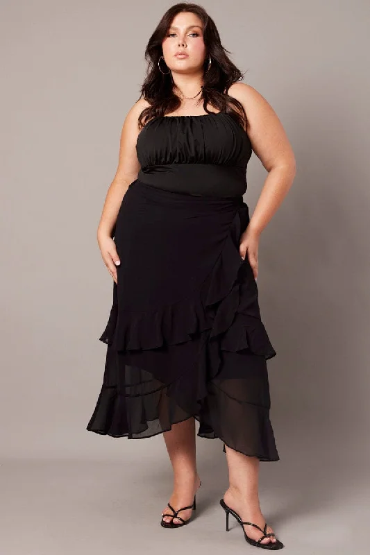 Black Frill Chiffon Midi Skirt leather skirt modern