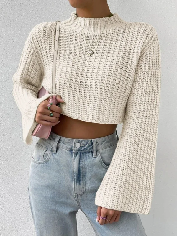 Mock Neck Long Sleeve Cropped Sweater Anti-Pilling Anti-Shrink Durable