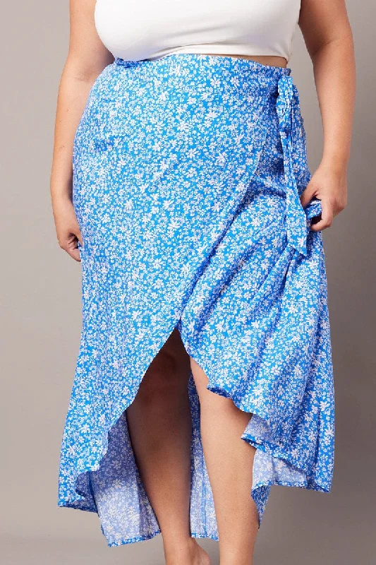 Blue Ditsy Wrapover Maxi Skirt denim skirt casual
