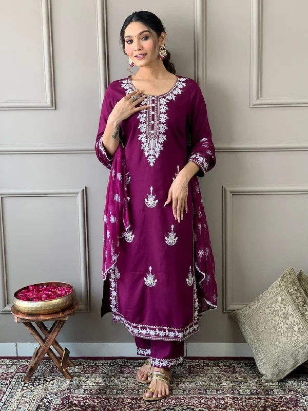 Purple Trendy Designer Readymade Pant Suit With Embroidery Work Elegant Trouser Pants