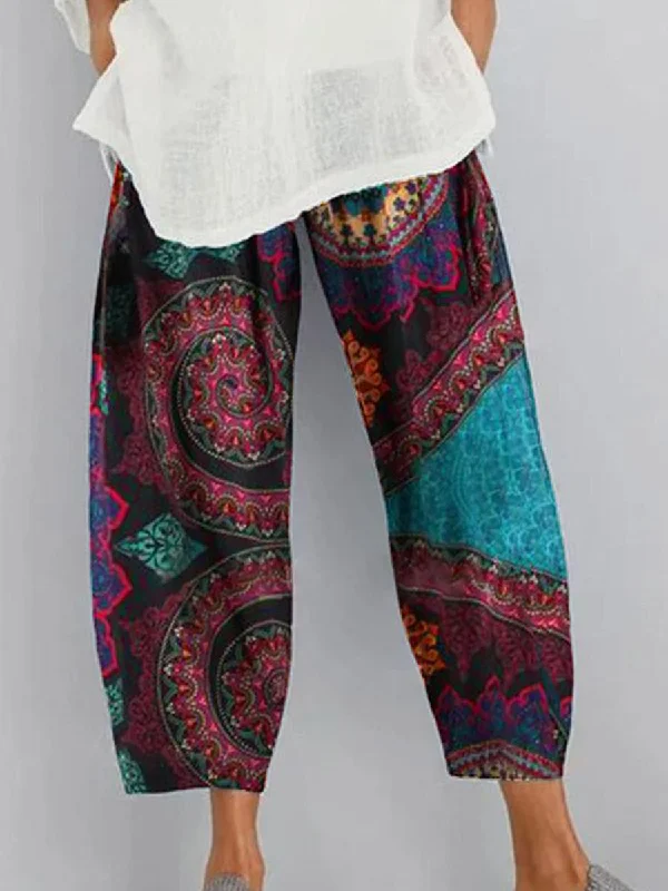 Spring and Summer Totem Printed Cotton and Linen Pants Stylish Elastic Waist Pants