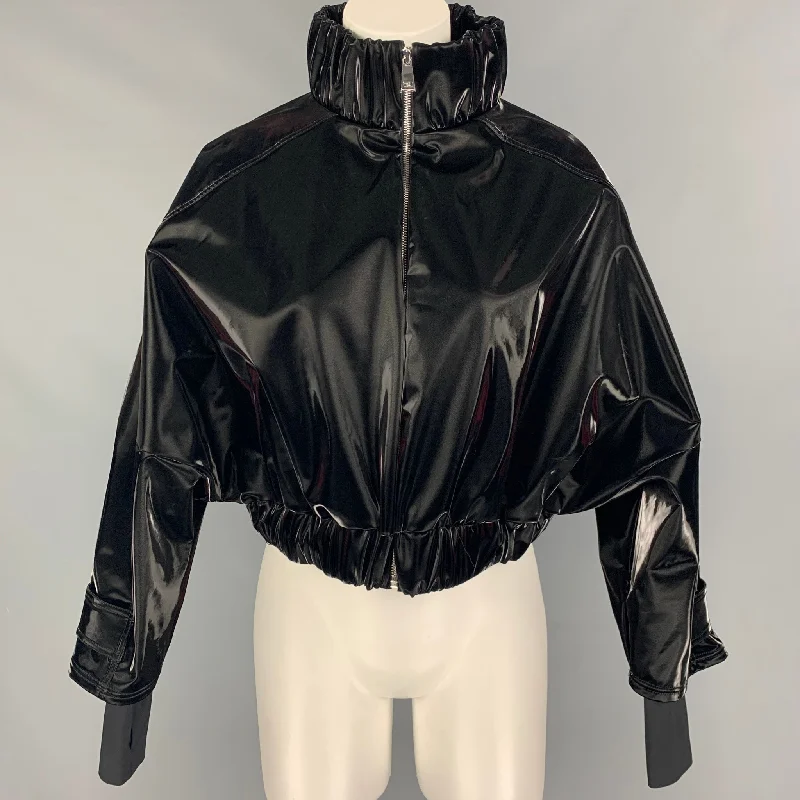 NYLORA Size L Black Solid Polyester Faux patent leather Cropped Jacket V-Neck Jacket Boat Neck Jacket Square Neck Jacket
