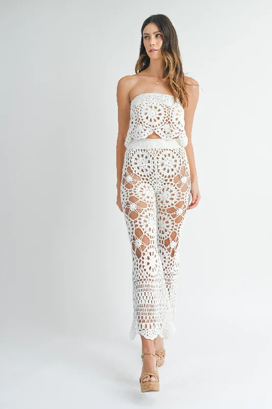 Crochet Knit Bandeau Top & Flare Pants Set Formal Linen Trousers